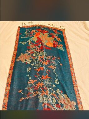 Teal Floral Embroidered Scarf with Coral Accents